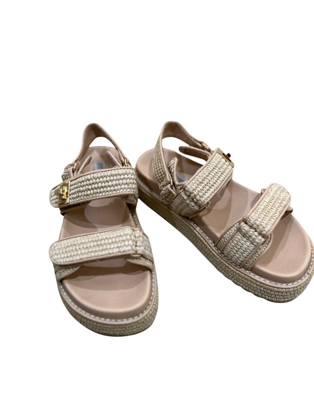 Steve Madden big mona Beige Woven Platform Sandals adjustable strap gold sz 8